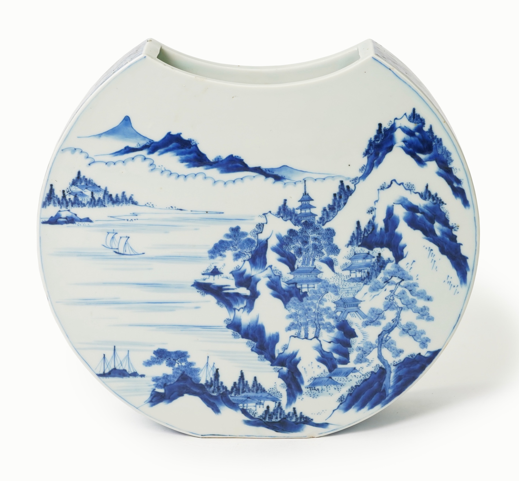 A Japanese blue and white crescent moon-shaped vase, probably Arita, late 19th century